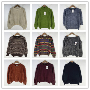复古着vintage外贸精选英伦风森女系撞色印花粗线秋冬纯毛衣K2401