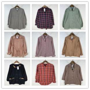 复古着vintage外贸尖货校园风甜美系纯色格子休闲棉麻布衬衫 V1462