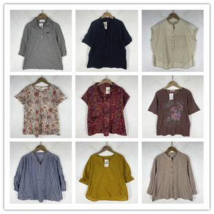 复古着vintage外贸尖货民族风森女系格子印碎花卉棉麻布衬衫 Z0661