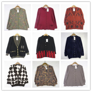 复古着vintage日韩原单民族风森女系纯色格子印花开衫 纯毛衣D0161