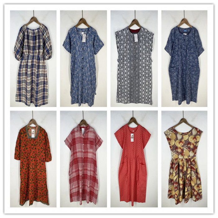 复古着vintage日韩尖货学院风森女系格子纯色印花棉布连衣裙P4502