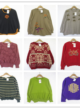 复古着vintage日韩精选英伦风森女系印花刺绣LOGO套头纯毛衣D3161
