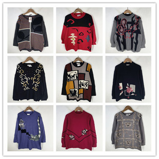 复古着vintage外贸精品民族风森女系卡通印碎花卉套头纯毛衣D4802