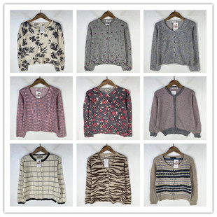 复古着vintage日韩精选民族风森女系撞色条纹印花开衫 纯毛衣M1201