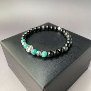 潮流古韵 手工925银珠 天然黑曜石绿松石 嵌色手串手链 男女同款