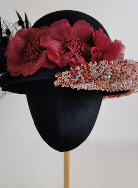 高订法式黑色羊毛呢复古网纱花朵小礼帽女名媛气质宴会礼服旗袍帽