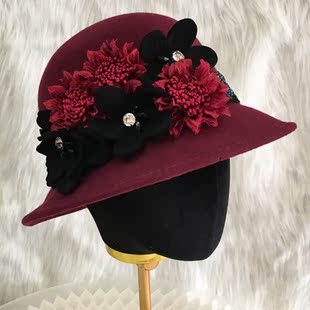 水钻花朵圆顶礼帽女式毛呢帽子冬季时尚保暖羊毛帽欧美毛毡帽盆帽