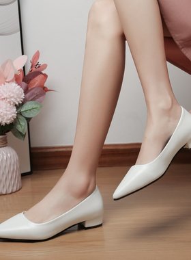 高跟鞋女低跟2-3cm粗跟白色哑光尖头舒适工作职业单鞋演出皮鞋ol
