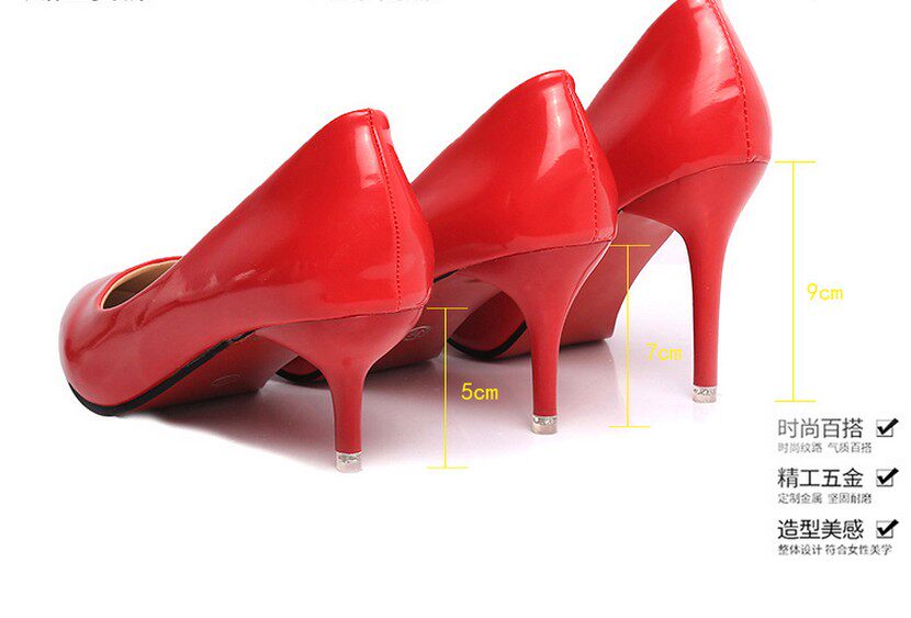 皮鞋女秋2020新款浅口5-7-9cn红色婚鞋优雅中跟工作鞋百搭高跟鞋