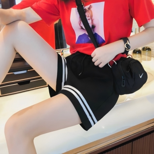 百褶阔腿短裤夏季短裤高腰显瘦外穿宽松黑色休闲裤条纹抽绳四分裤