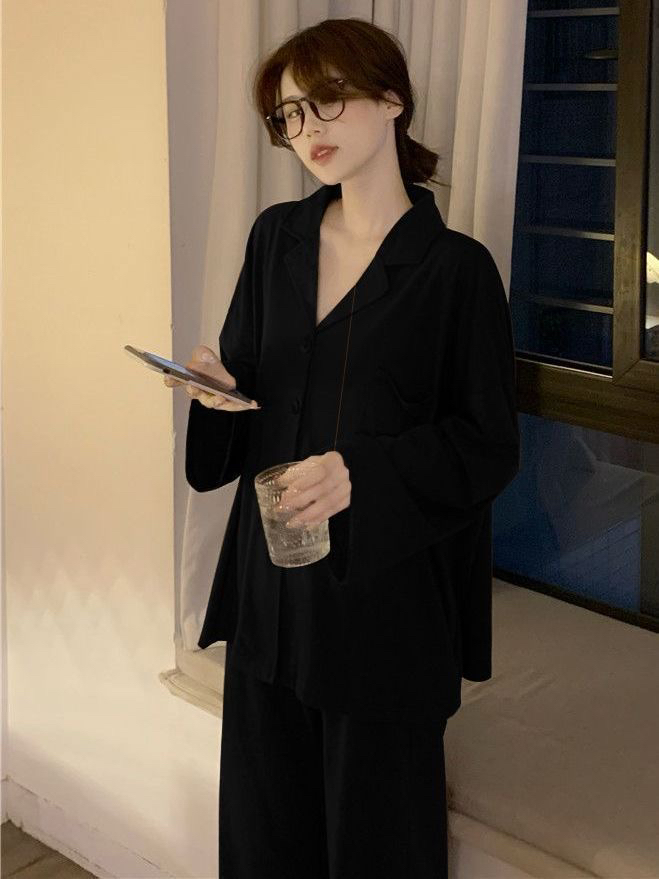 大码300斤ins风日系简约慵懒风睡衣女春秋网红居家服长袖开衫套装