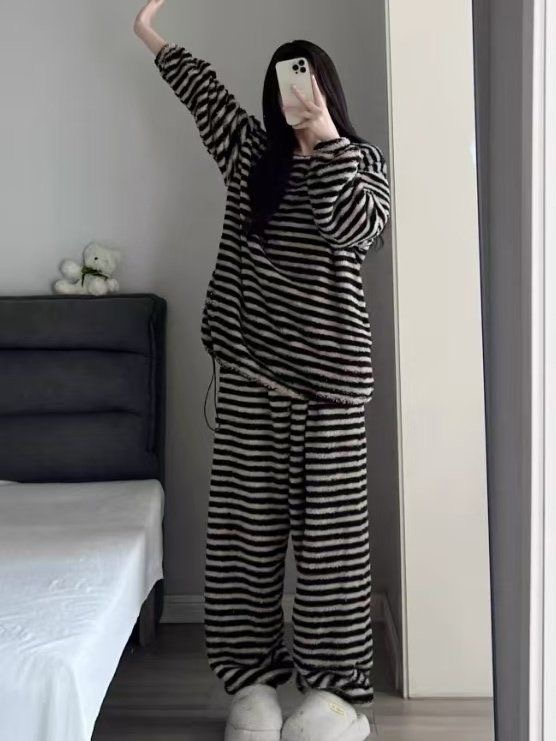 大码300斤条纹珊瑚绒睡衣秋冬女加绒加厚毛绒绒家居服套装可外穿