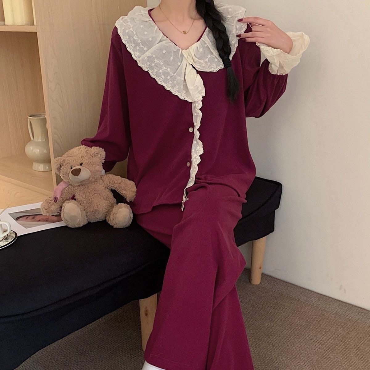 特大码胖MM法式复古蕾丝花边德绒睡衣女秋冬季新款保暖家居服套装