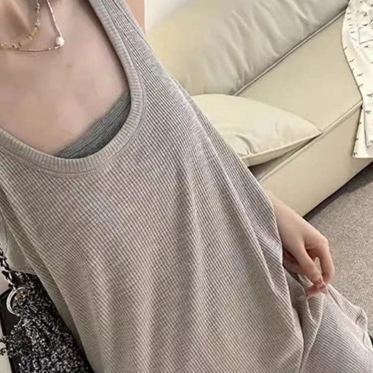 宽松大码胖MM工字背心中长款辣妹灰色休闲U领内搭无袖慵懒上衣