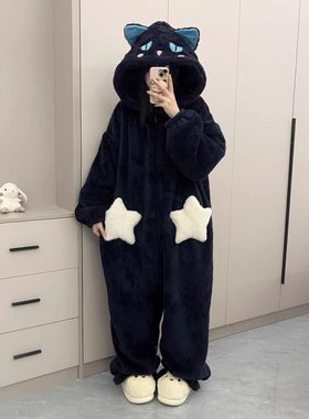 超大码胖MM冬季连体睡衣女珊瑚绒可爱卡通加绒加厚可外穿家居服