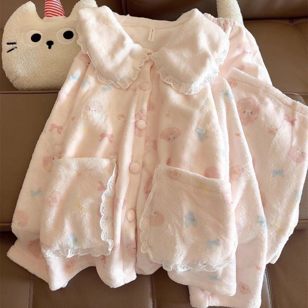 大码胖MM娃娃领睡衣女法兰绒卡通可爱美乐蒂秋冬季新款加厚家居服