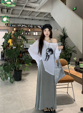 大码300斤时尚套装微透印花T恤女装早春灰色修身挂脖连衣裙两件套