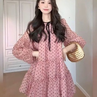 特大码胖MM法式温柔风波点长袖连衣裙女新款气质甜美公主短裙子