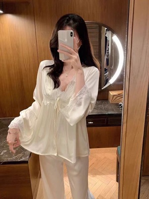 特大码300斤赵露思同款双面德绒睡衣女带胸垫三件套蕾丝性感薄绒