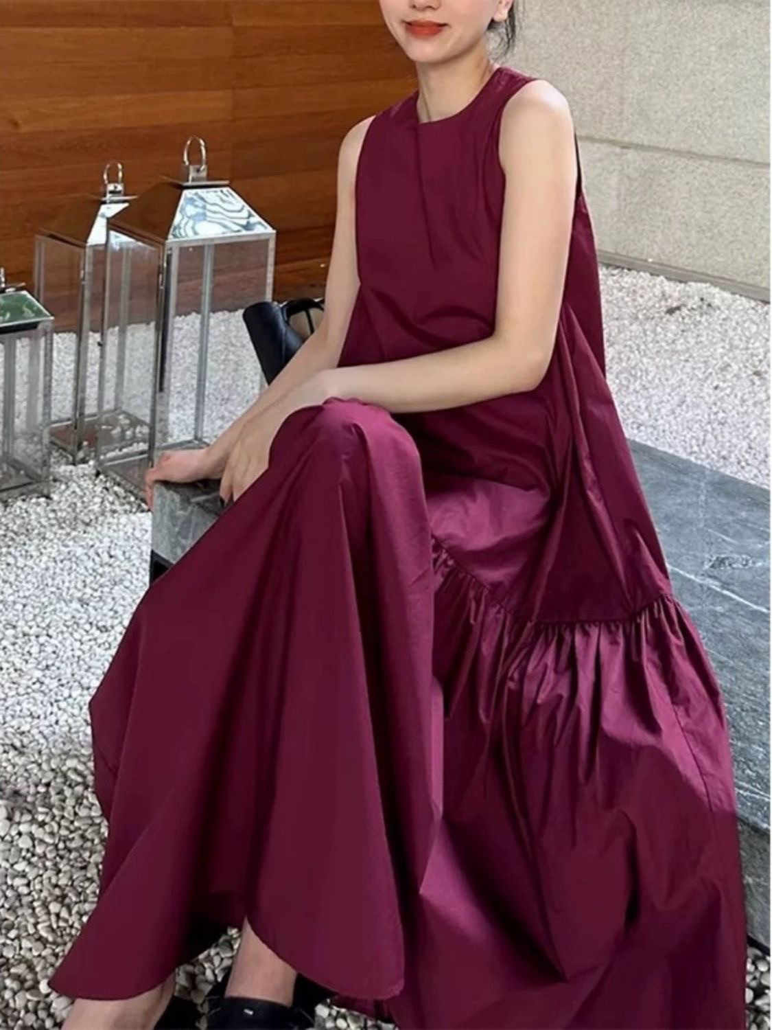大码胖MM甜美别致乌梅子酱色连衣裙女夏季法式拼接茶歇显瘦长裙子