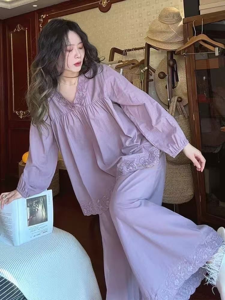 大码胖MM春秋睡衣女甜美蕾丝法式2025新款棉休闲家居服套装宽松