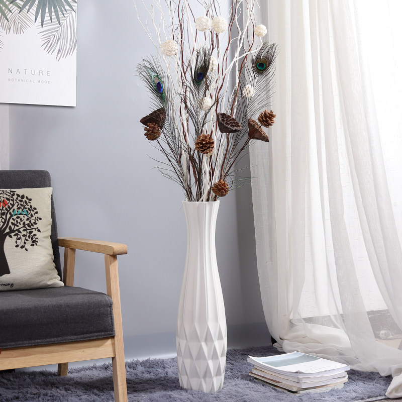 陶瓷白色落地高花瓶摆件大号客厅干 干燥花插花简约现代创意玄关