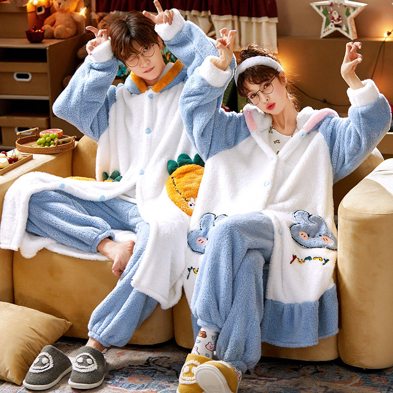 珊瑚绒情侣睡衣女秋冬季加厚加绒法兰绒男士中长款睡袍套装家居服