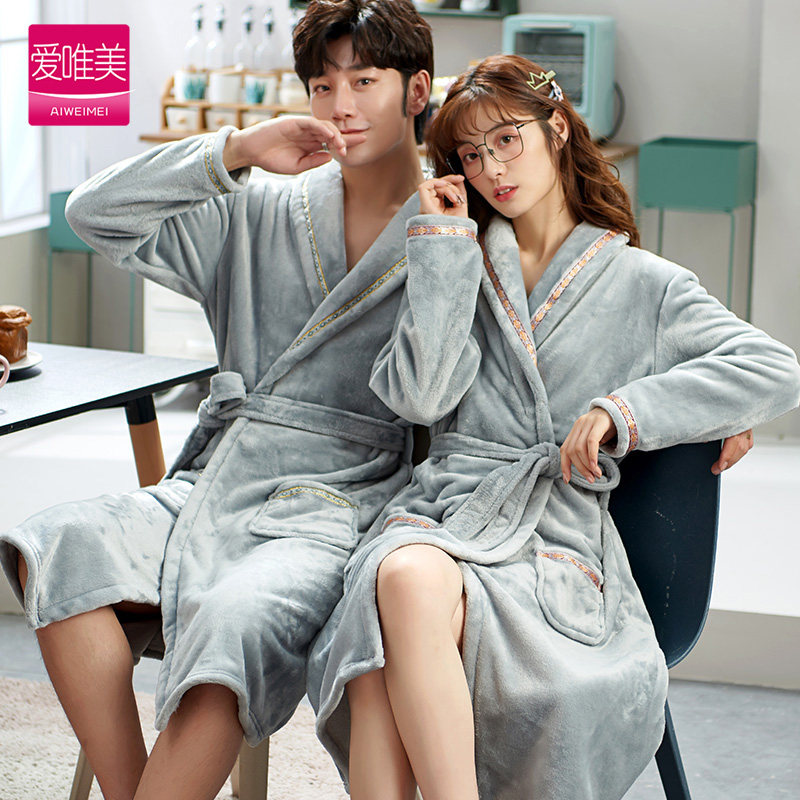 秋冬季法兰绒睡袍女情侣睡衣加厚加绒保暖浴袍晨袍长款家居服男士