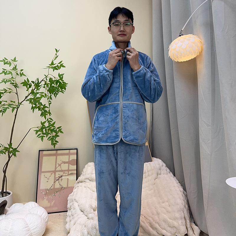 珊瑚绒睡衣男士冬季加厚加绒保暖立领拉链套装法兰绒纯色家居服秋