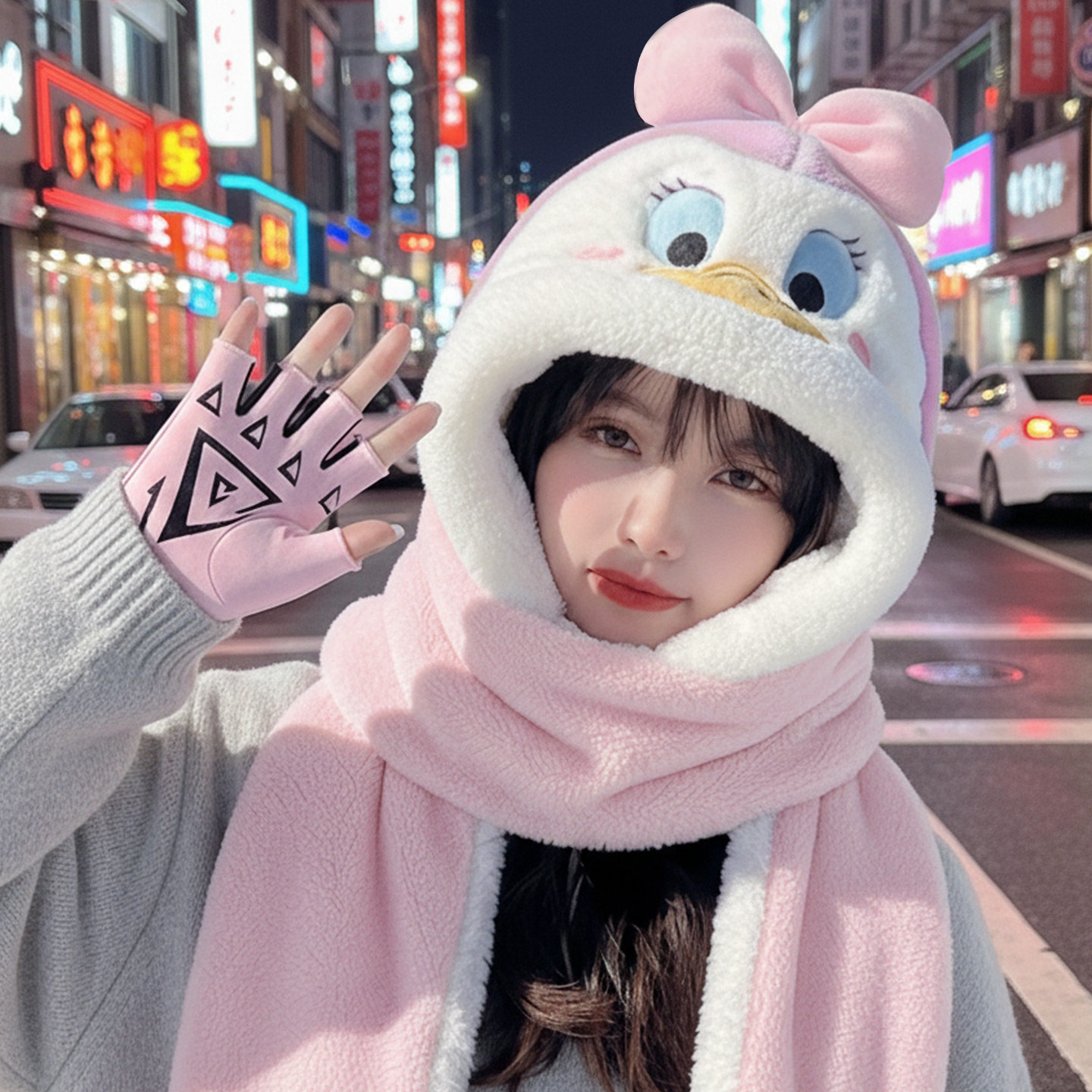 新款女大学生帽子围脖手套套装冬季加绒保暖手套女生户外防风护手