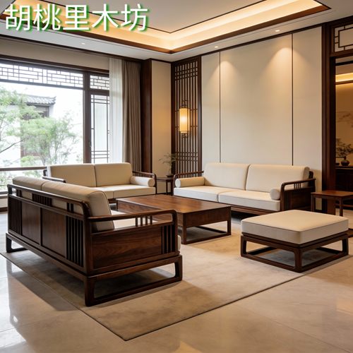 宋式新中式黑胡桃实木布艺沙发