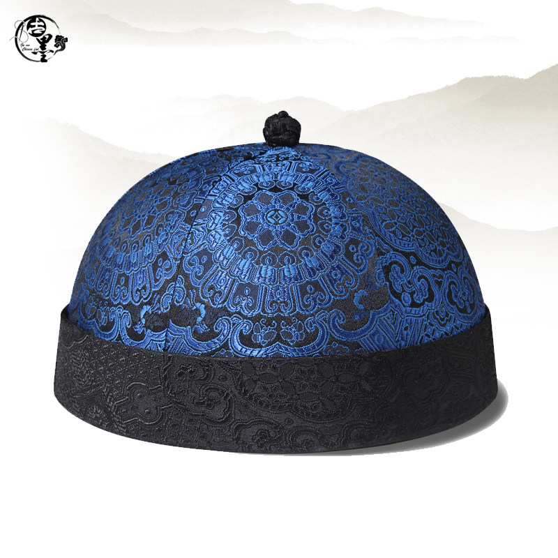 古墨原创设计地主帽子清朝瓜皮帽宝蓝色圆顶舞台表演影楼影视帽子