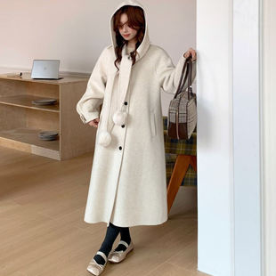 韩系2025冬季新款设计感双面羊绒大衣女慵懒风连帽围脖羊毛绒外套