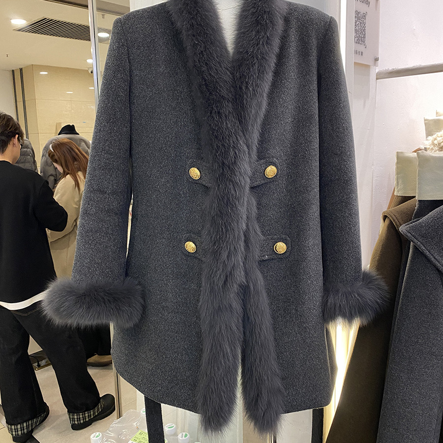 复古皮草美学灰色羊绒大衣女中长款毛领双排扣显瘦外套