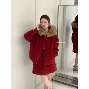 高端欧货冬季 女 高级感毛领连帽拉链加厚羽绒卫衣松紧腰短裙套装