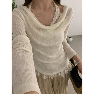 纯欲蕾丝拼接荡一字领斜露长袖气质针织衫设计感仙女两件套