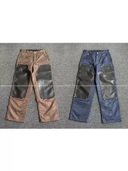 【Ceiling Top 925 Silver】25Ss Color-Block Cross-Knee Patchwork Leather Nylon Lumberjack Work Pants Unisex