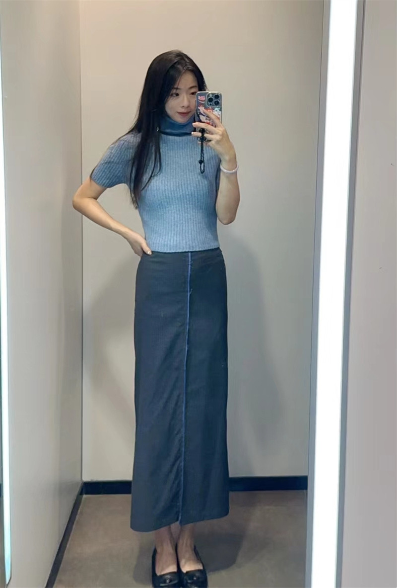 ZA女装新品2023 高腰开叉式中长款细条纹拼接半身裙子7385527 803