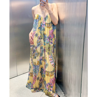 2025夏季女装 ZABZ度假风时尚宽松印花露背吊带长版连衣裙3193123