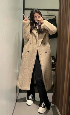 羔毛抓绒长款大衣厚外套