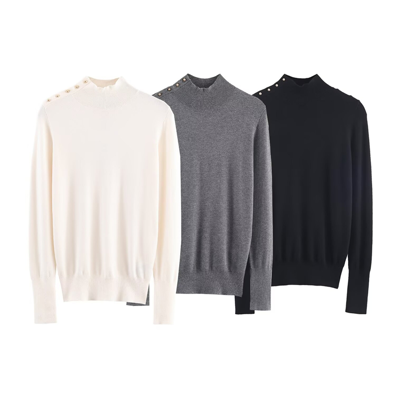 立领平针排扣打底针织衫上衣