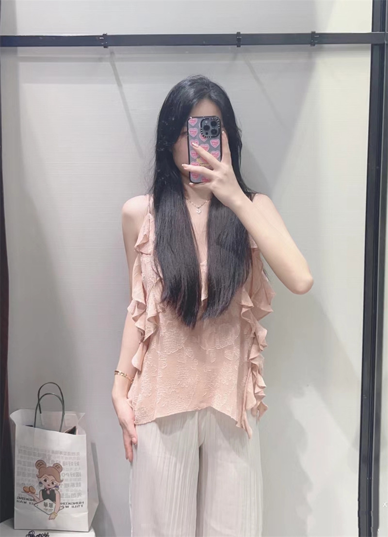 ZA女装夏季2023 荷叶边叠层装饰宽松提花吊带罩衫上衣8031893 942