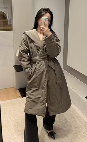 宽松配腰带中长款棉服大衣外套