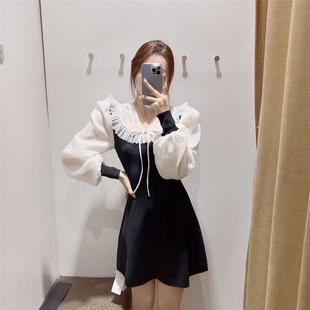 YT&UR2022春季新品高名媛网纱拼接收腰针织连衣裙女 WG07S9FN2005