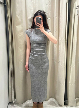 ZA女装新款 褶皱装饰软质立领修身针织短袖连衣裙 1058151 800