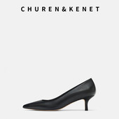 女鞋 通勤5CM久站不累脚 黑色职业工作鞋 真皮高跟鞋 中跟尖头女单鞋