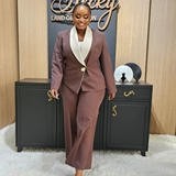 女装大码套装欧美优雅通勤撞色大翻领休闲西装两件套 women set