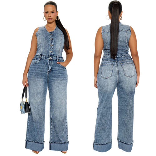 大码女装牛仔连体裤连体衣阔腿裤 jeans jumpsuits plus size new