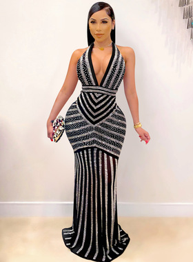 European Party Dress Women's Fashion V-neck Long Black Dress