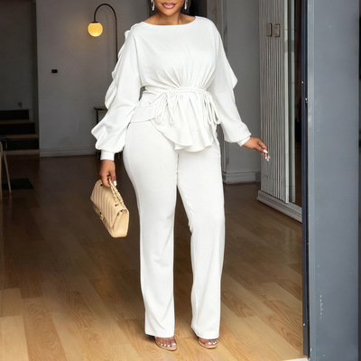 欧美风秋装长袖收腰上衣裤子跨境套装大码女装新 plus size suits